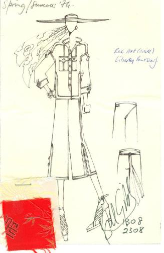 Drawing of Shirt and Culottes with Fabric Swatches for Spring/Summer 1974 Collection