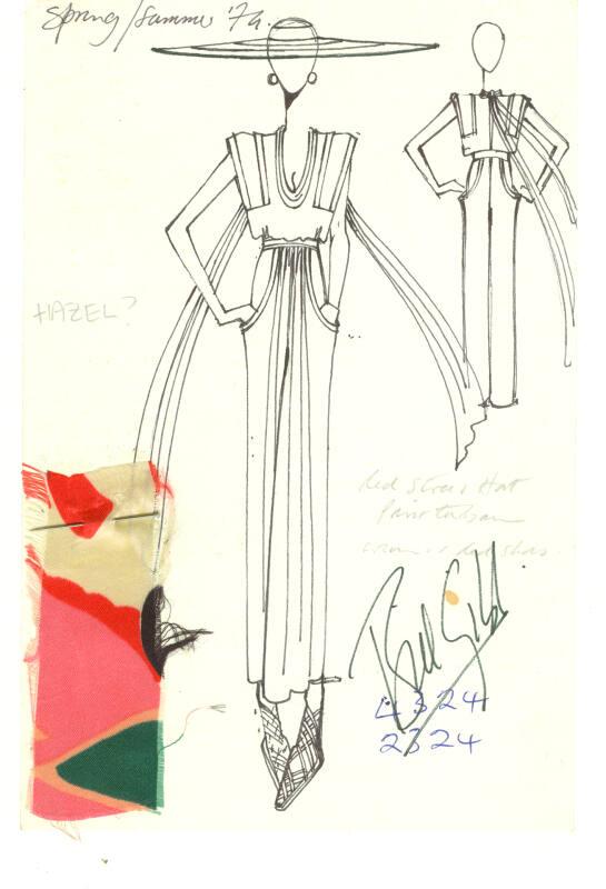 Drawing of Top and Trousers with Fabric Swatch for Spring/Summer 1974 Collection