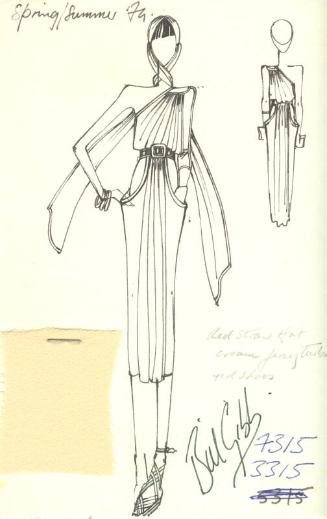 Drawing of Dress with Fabric Swatch for Spring/Summer 1974 Collection