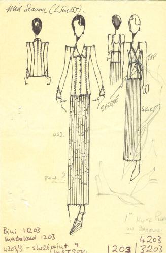 Drawing of Top, Skirt and Jacket for the Mid Season (Winter) 1973 Collection