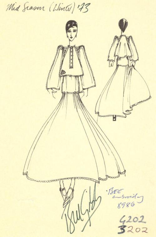 Drawing of Top and Skirt for the Mid Season (Winter) 1973 Collection