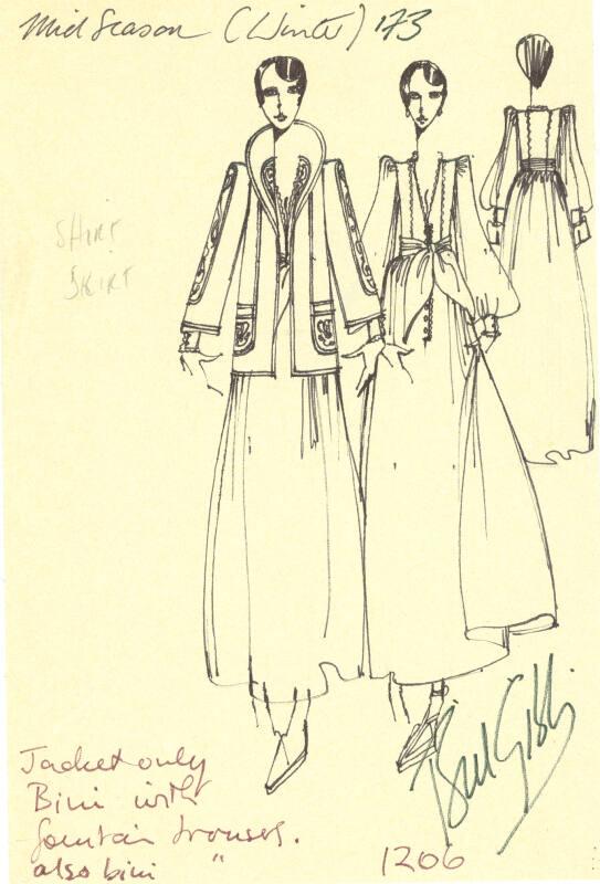 Drawing of Shirt, Jacket and Skirt for the Mid Season (Winter) 1973 Collection