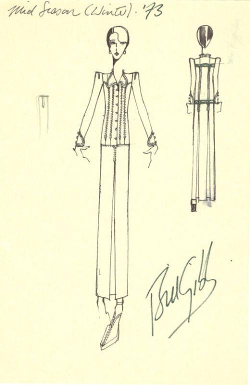 Drawing of Shirt and Skirt for the Mid Season (Winter) 1973 Collection