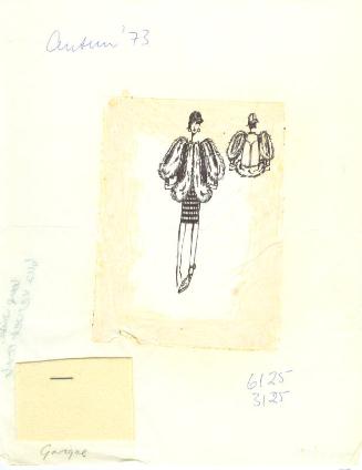 Drawing of Fur Jacket and Skirt with Fabric Swatch from Autumn 1973 Collection