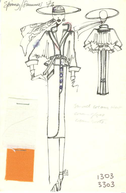 Drawing of Belted Jacket and Skirt with Fabric Swatches for Spring/Summer 1974 Collection