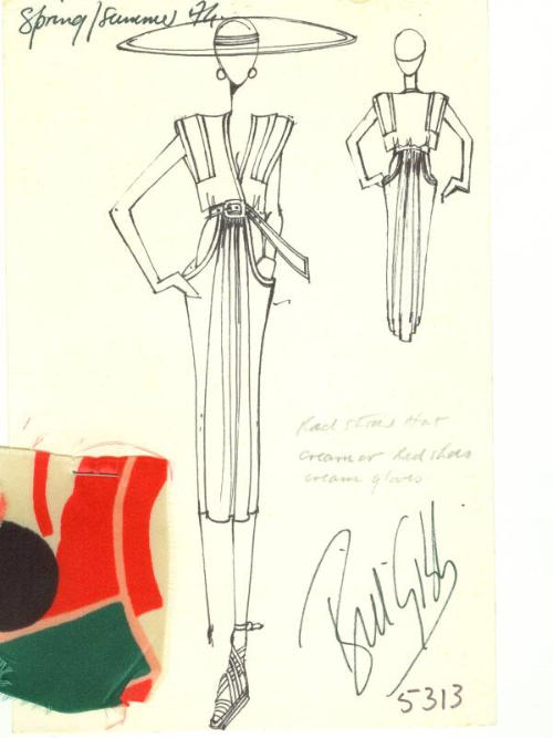 Drawing of Sleeveless Silk Dress with Fabric Swatch for Spring/Summer 1974 Collection