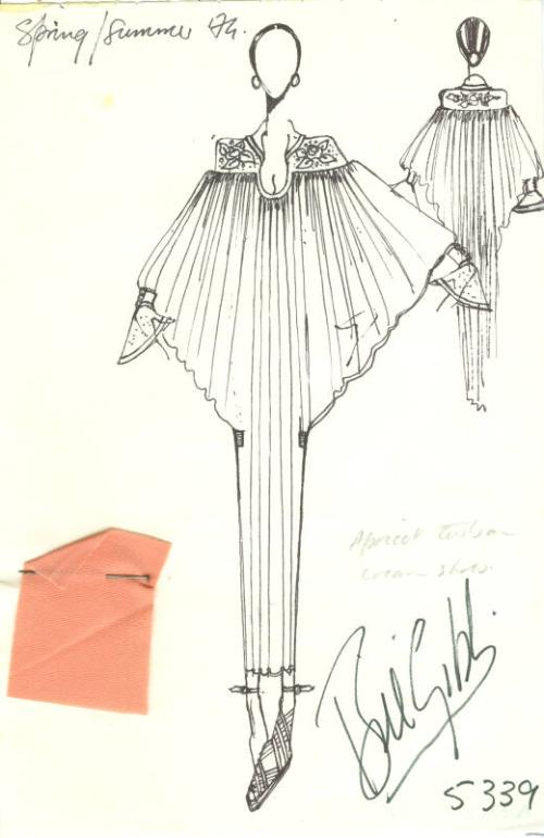 Drawing of Evening Gown with Fabric Swatch for Spring/Summer 1974 Collection