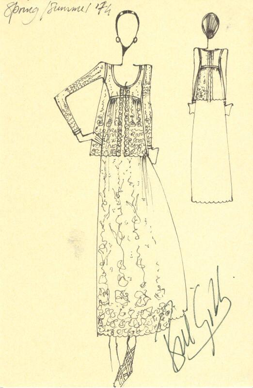 Drawing of Dress with Lace Jacket for Spring/Summer 1974 Collection