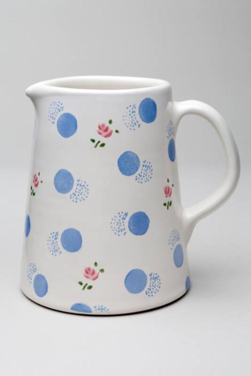 Blue and White Polka Dot and Rose Jug