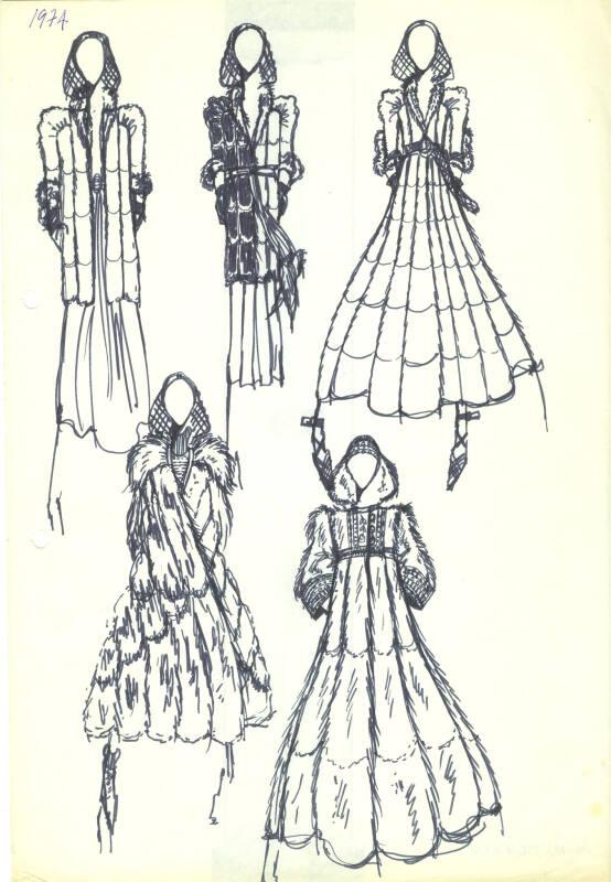 Multidrawing of 5 Fur Coats for the 1974 Collection