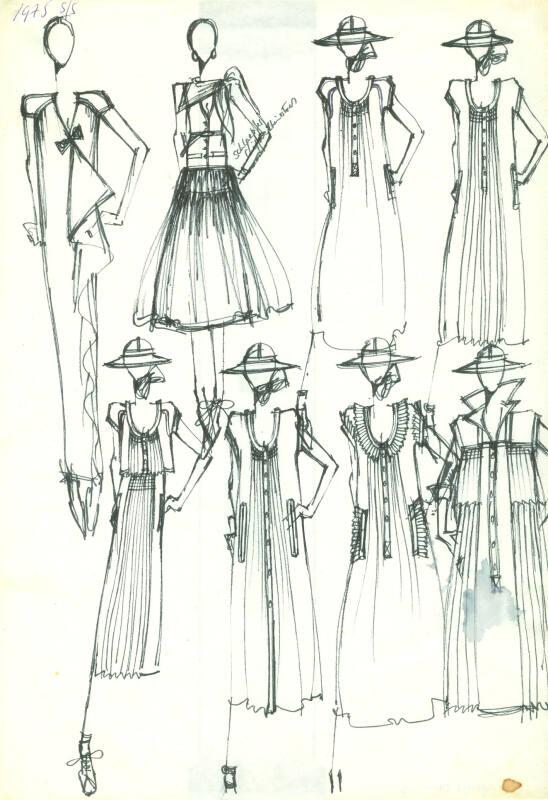 Multidrawing of Dresses for Spring/Summer 1975 Collection