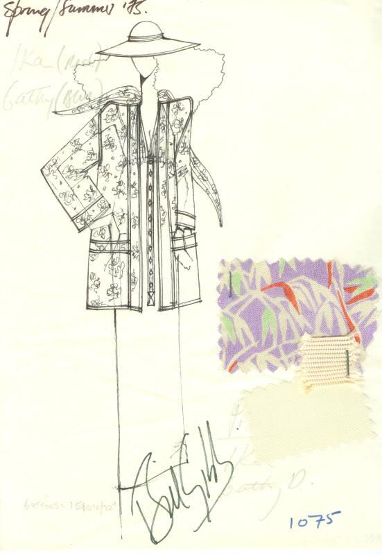 Drawing of Jacket and Dress with Fabric Swatches for Spring/Summer 1975 Collection