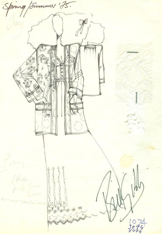 Drawing of Jacket and Dress with Fabric Swatches for Spring/Summer 1975 Collection