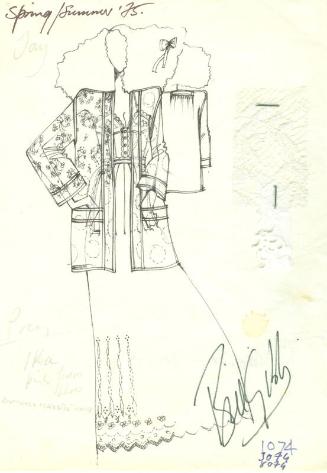 Drawing of Jacket and Dress with Fabric Swatches for Spring/Summer 1975 Collection