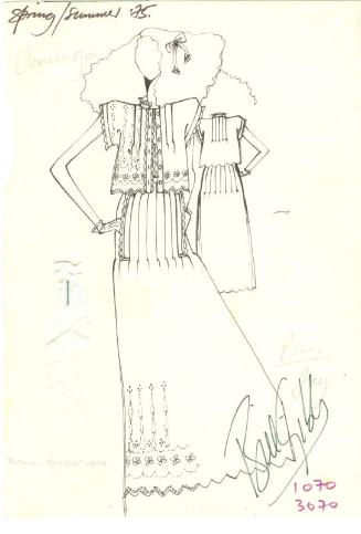 Drawing of Jacket and Dress with Fabric Swatch for Spring/Summer 1975 Collection