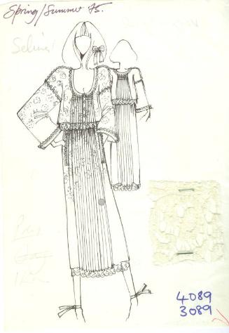 Drawing of Dress with Fabric Swatch for Spring/Summer 1975 Collection