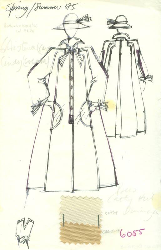 Drawing of Coat with Fabric Swatches for the Spring/Summer 1975 Collection