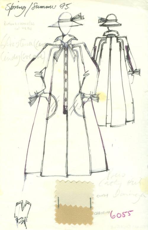 Drawing of Coat with Fabric Swatches for the Spring/Summer 1975 Collection