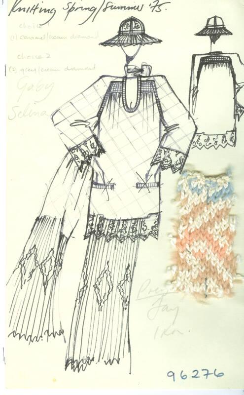 Drawing of Smock and Skirt with Knitted Swatch for the Spring/Summer 1975 Knitwear Collection