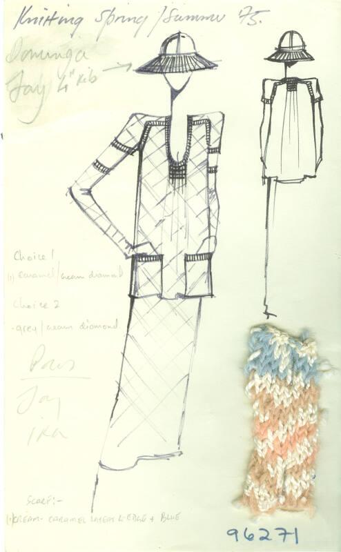 Drawing of Smock and Skirt with Knitted Swatch for the Spring/Summer 1975 Knitwear Collection