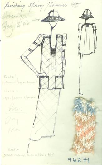 Drawing of Smock and Skirt with Knitted Swatch for the Spring/Summer 1975 Knitwear Collection