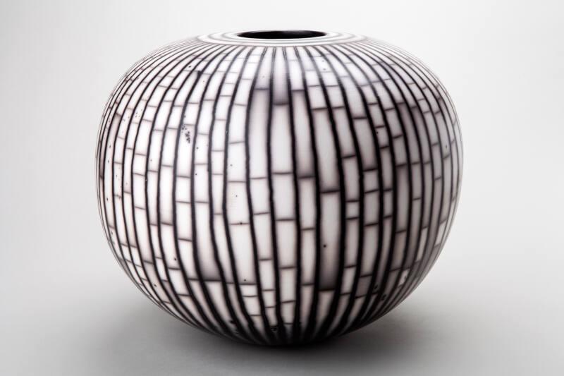 Raku Fired Large Round Vessel with Lines by David Roberts