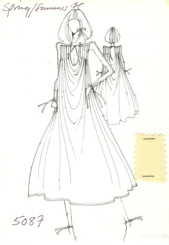 Drawing of Jersey Dress with Fabric Swatch for Spring/Summer 1975 Collection