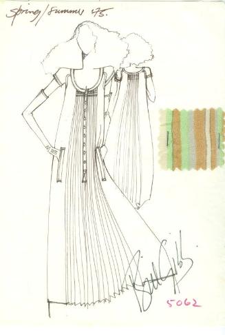 Drawing of Dress with Fabric Swatch for Spring/Summer 1975 Collection