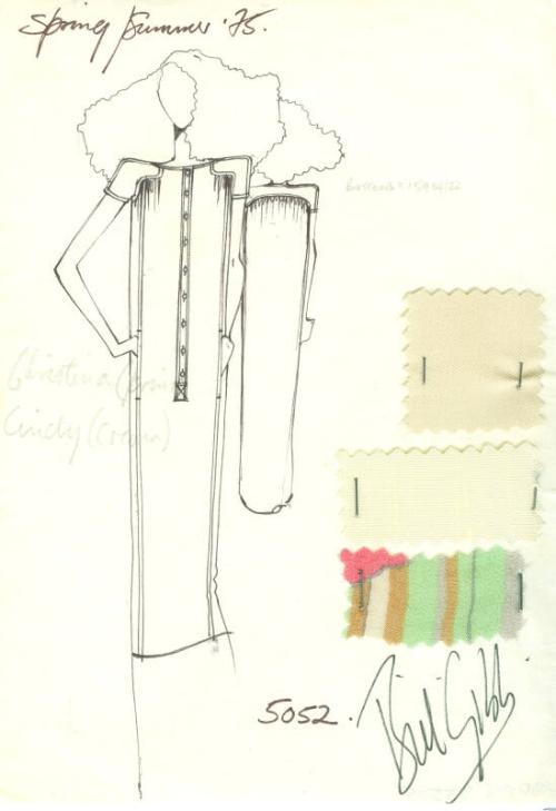 Drawing of Dress with Fabric Swatches for Spring/Summer 1975 Collection