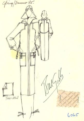 Drawing of Belted Coat Dress with Fabric Swatch for Spring/Summer 1975 Collection