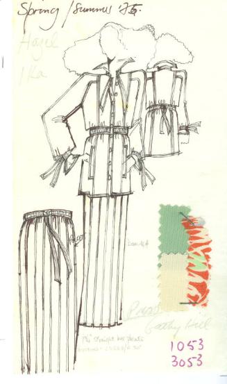 Drawing of Jacket and Skirt with Fabric Swatches for Spring/Summer 1975 Collection