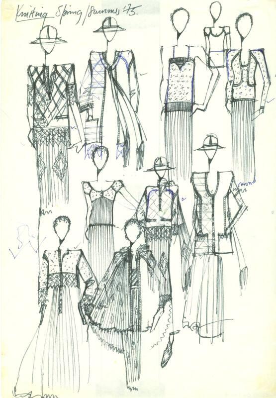 Drawing of Dresses, Tops, Skirts and Jackets for Spring/Summer 1975 Knitwear Collection