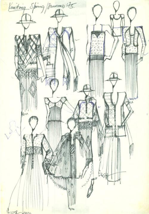 Drawing of Dresses, Tops, Skirts and Jackets for Spring/Summer 1975 Knitwear Collection