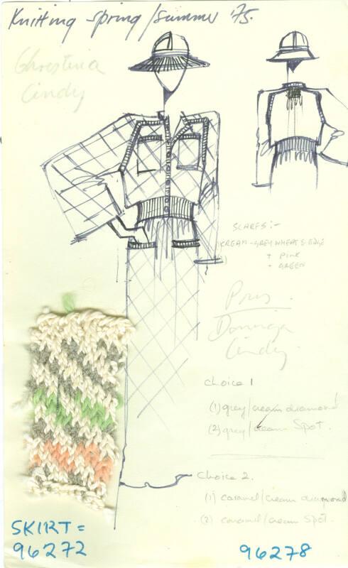 Drawing of Jacket and Skirt with Knitted Swatch for Spring/Summer 1975 Knitwear Collection