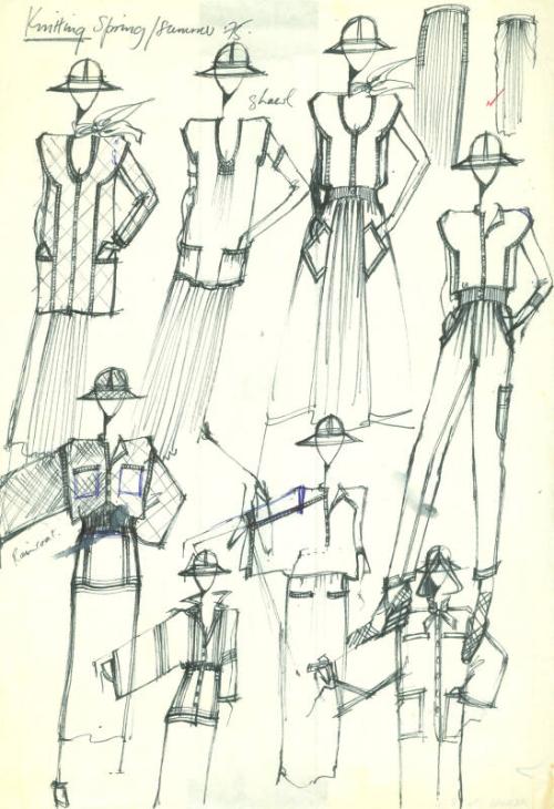 Multidrawing of Tops, Skirts and Trousers for the Spring/Summer 1975 Knitwear Collection