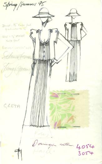 Drawing of Top and Skirt with Fabric Swatches for the Spring/Summer 1975 Collection