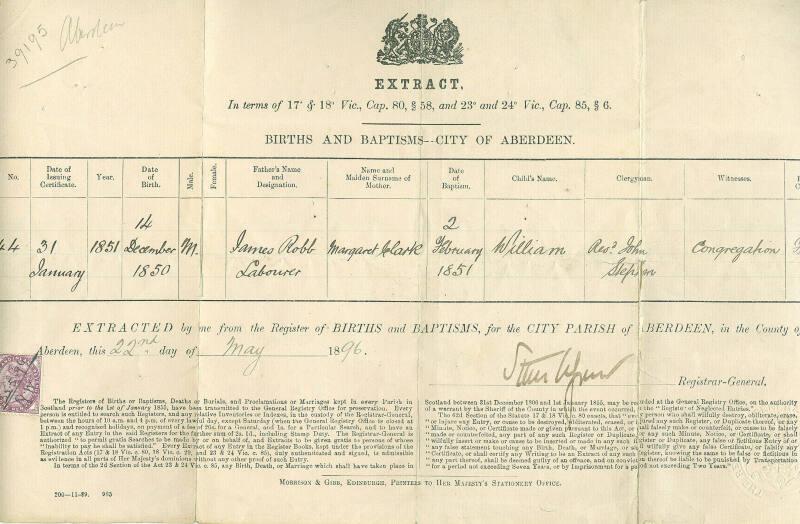 Extract from Birth Certificate of William Robb