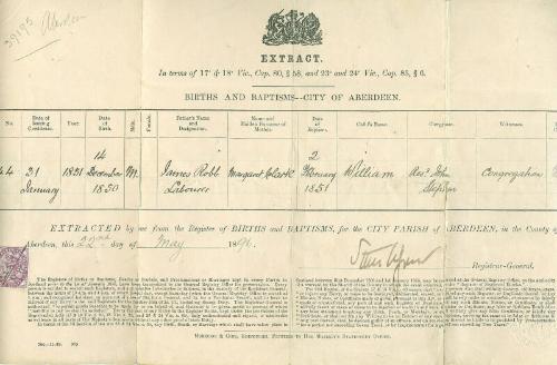 Extract from Birth Certificate of William Robb