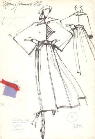 Drawing of Asymmetrical Coat with Fabric Swatches for Spring/Summer 1976 Collection