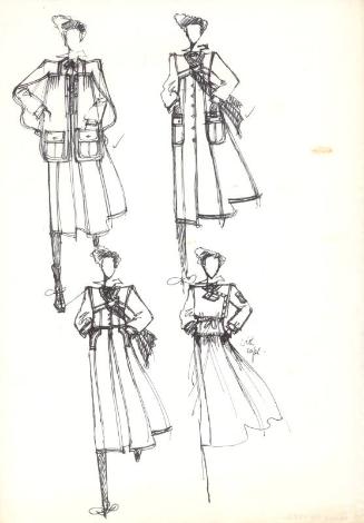 Multidrawing of Coats, a Top and Skirt for the Autumn/Winter 1975 Collection