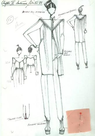Drawing of Jacket, Blouse and Trousers with Fabric Swatch for Autumn/Winter 1981 'Chapter II' C…