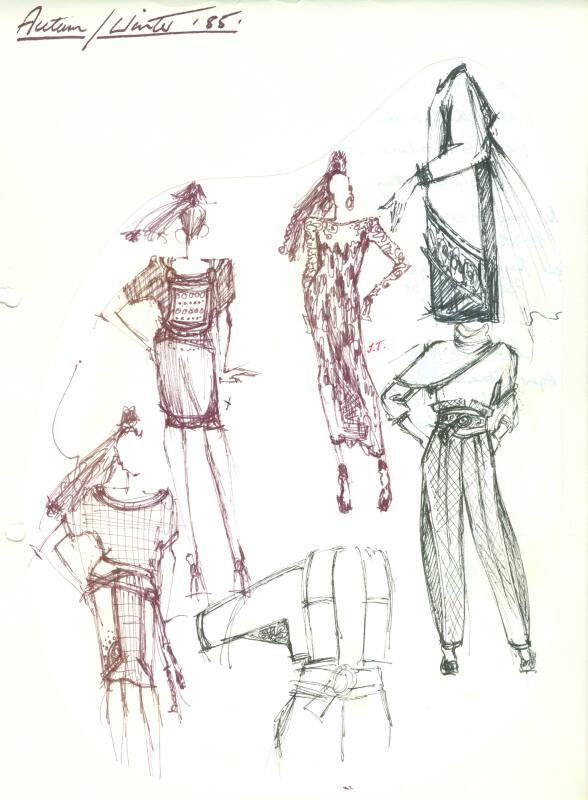 Drawing of Dresses, Top and Trousers for the Autumn/Winter 1985 Collection