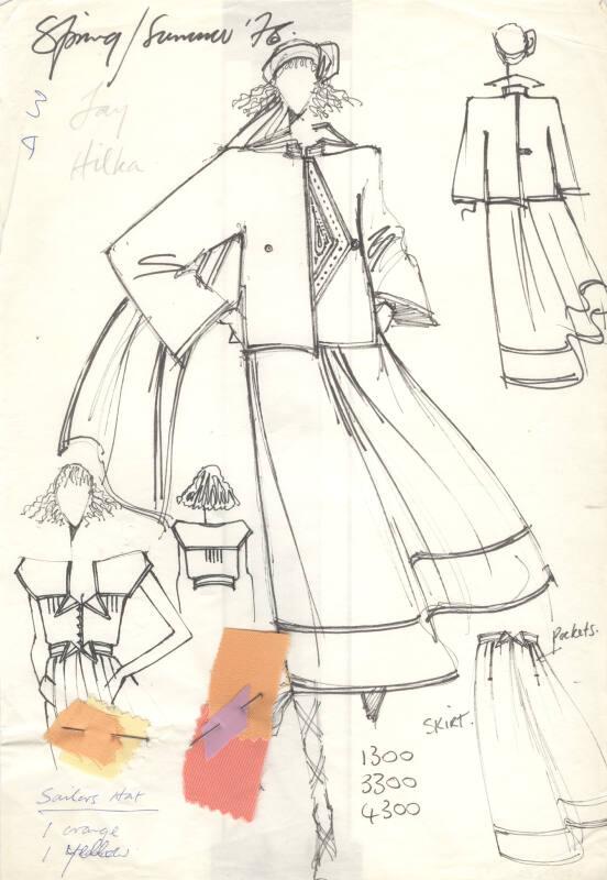 Drawing of Jacket and Skirt with Fabric Swatches for Spring/Summer 1976 Collection