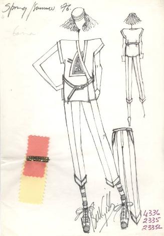 Drawing of Trousers and Top with Fabric Swatches for Spring/Summer 1976 Collection