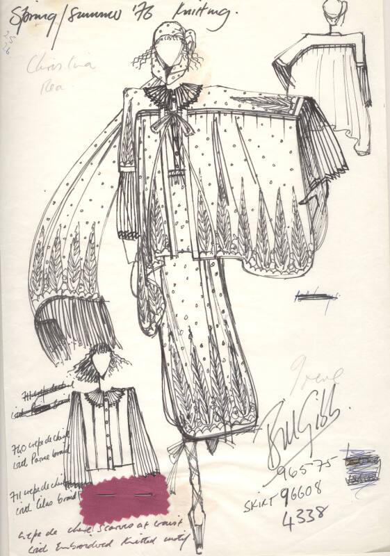 Drawing of Top and Skirt with Fabric Swatches for Spring/Summer 1976 Knitting Collection