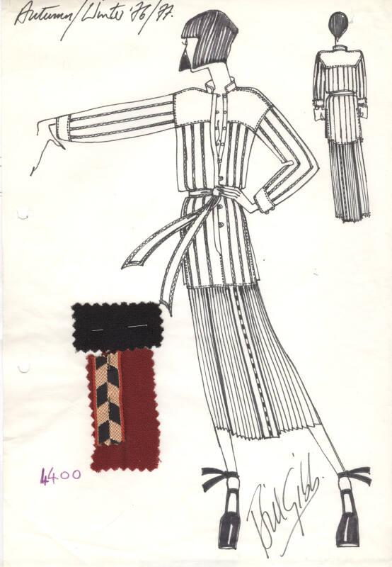 Drawing of Top and Skirt with Fabric Swatches for Autumn/Winter 1976/77 Collection