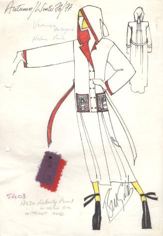 Drawing of Coat with Fabric Swatches for the Autumn/Winter 1976 'Byzantine' Collection
