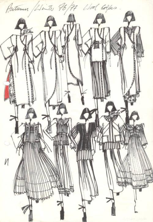 Multidrawing of Wool Crepe Tops, Skirts and Dresses for Autumn/Winter 1976/77 Collection