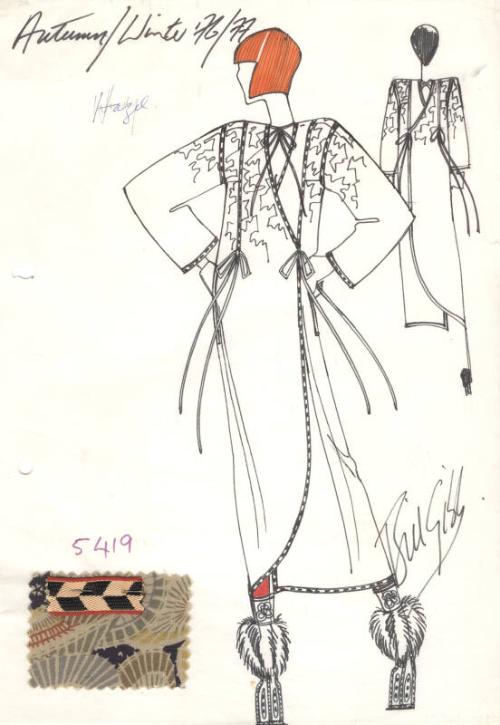 Drawing of Dress with Fabric Swatches for Autumn/Winter 1976/77 Collection