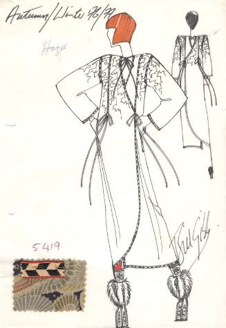 Drawing of Dress with Fabric Swatches for Autumn/Winter 1976/77 Collection